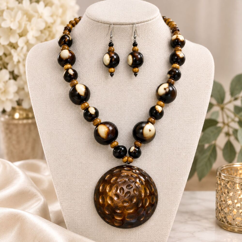 Boho Inspired Dyed Wood Bead Necklace Earring Demi Parure Set